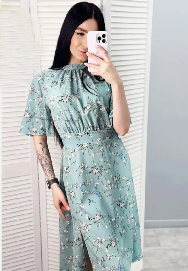 Женское летнее платье миди с разрезом в цветочный принт GF509334 размер 46/48, цвет фисташковый, фото №3