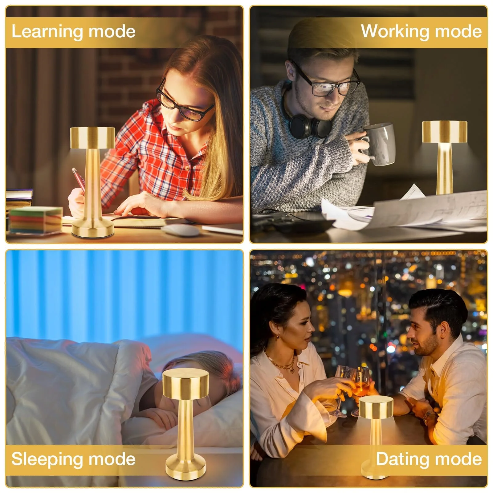 Настільна лампа LED 2-Piece Wireless USB Rechargeable Touch Dimmable 3-Level Gold, фото №8