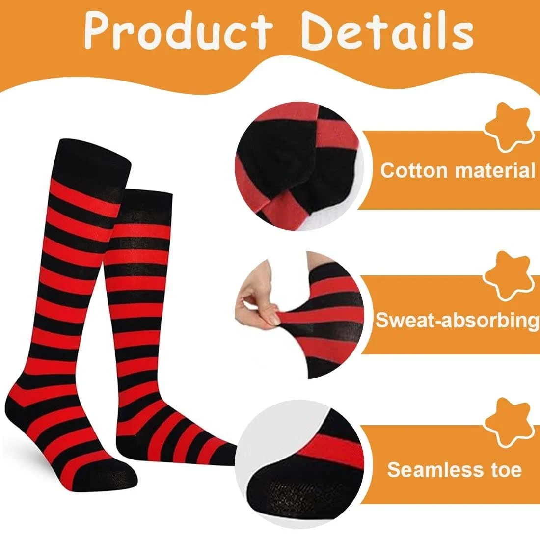 Жіночі панчохи вище коліна Червоні в смужку Бавовна 1 пара, фото №2