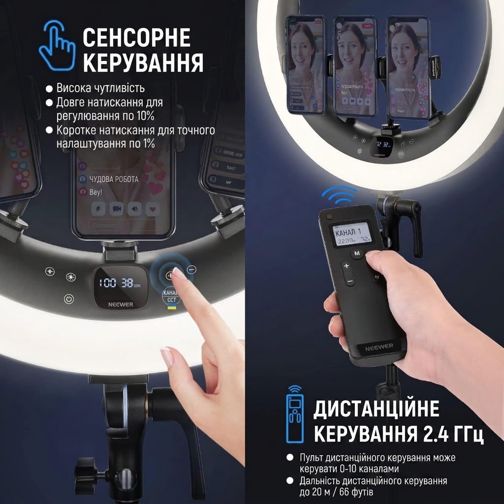 Кільцева LED-лампа Neewer RP18H зі штативом (48 см / 19") Чорний, фото №5