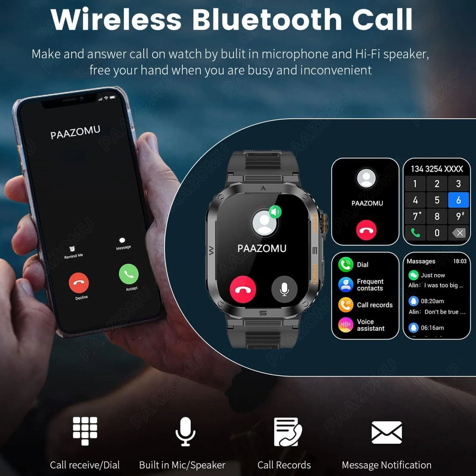 Смарт-годинник Paazomu 2 Inch для чоловіків з функцією відповіді на дзвінки, монітором серцевого ритму, SpO2, сну, сповіщеннями, фото №2 Смарт-годинник Paazomu 2 Inch для чоловіків з функцією відповіді на дзвінки, монітором серцевого ритму, SpO2, сну, сповіщеннями, фото №2