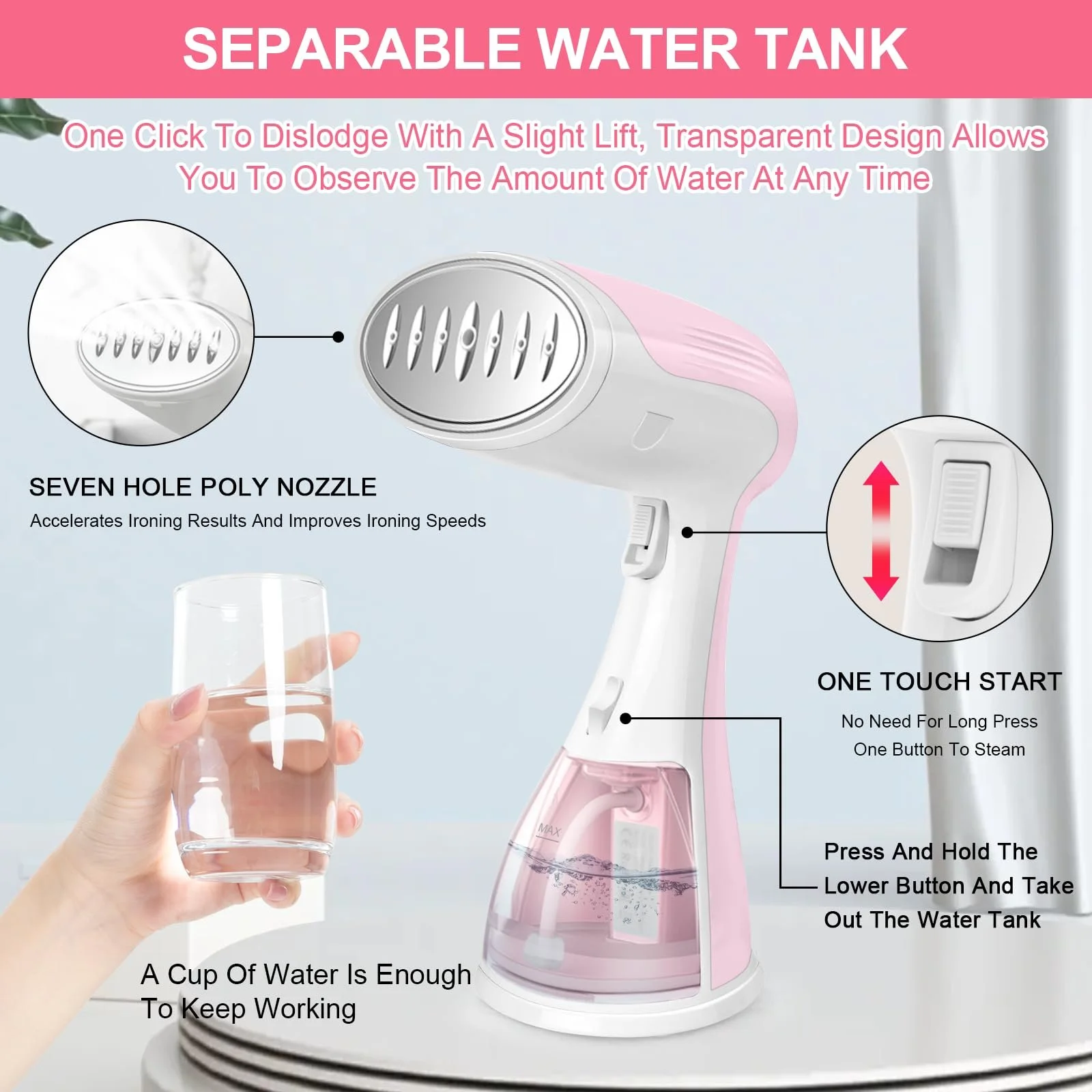 Відпарювач ручний 1500 Вт 300 мл Рожевий, фото №5