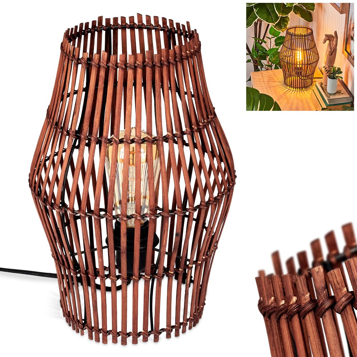 Настільна лампа HOFSTEIN Cardeira метал/бамбук E27 32 см Чорний/Коричневий, фото №1