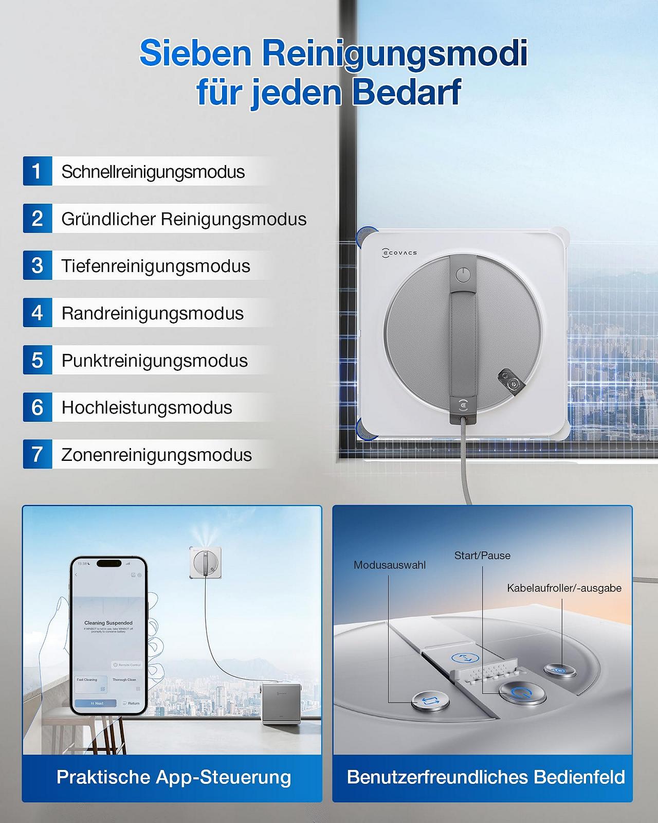 Робот для мытья окон ECOVACS Winbot W2S Omni с многофункциональной станцией, интеллектуальная очистка до краев с TruEdge, зарядка во время работы, три водных форсунки, 12-уровневая защита, фото №9