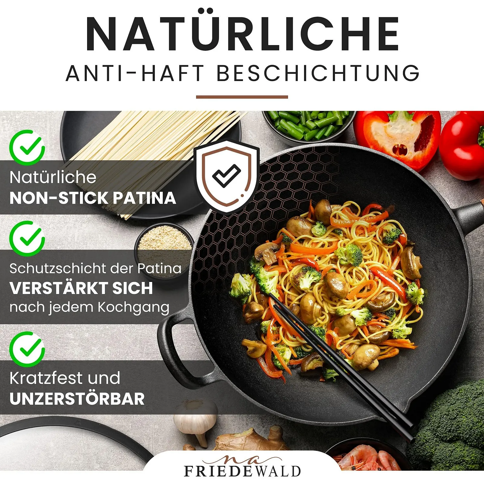 Сковорода-Wok Friedewald Чугунный с крышкой 33 см 5 л Черный, фото №4