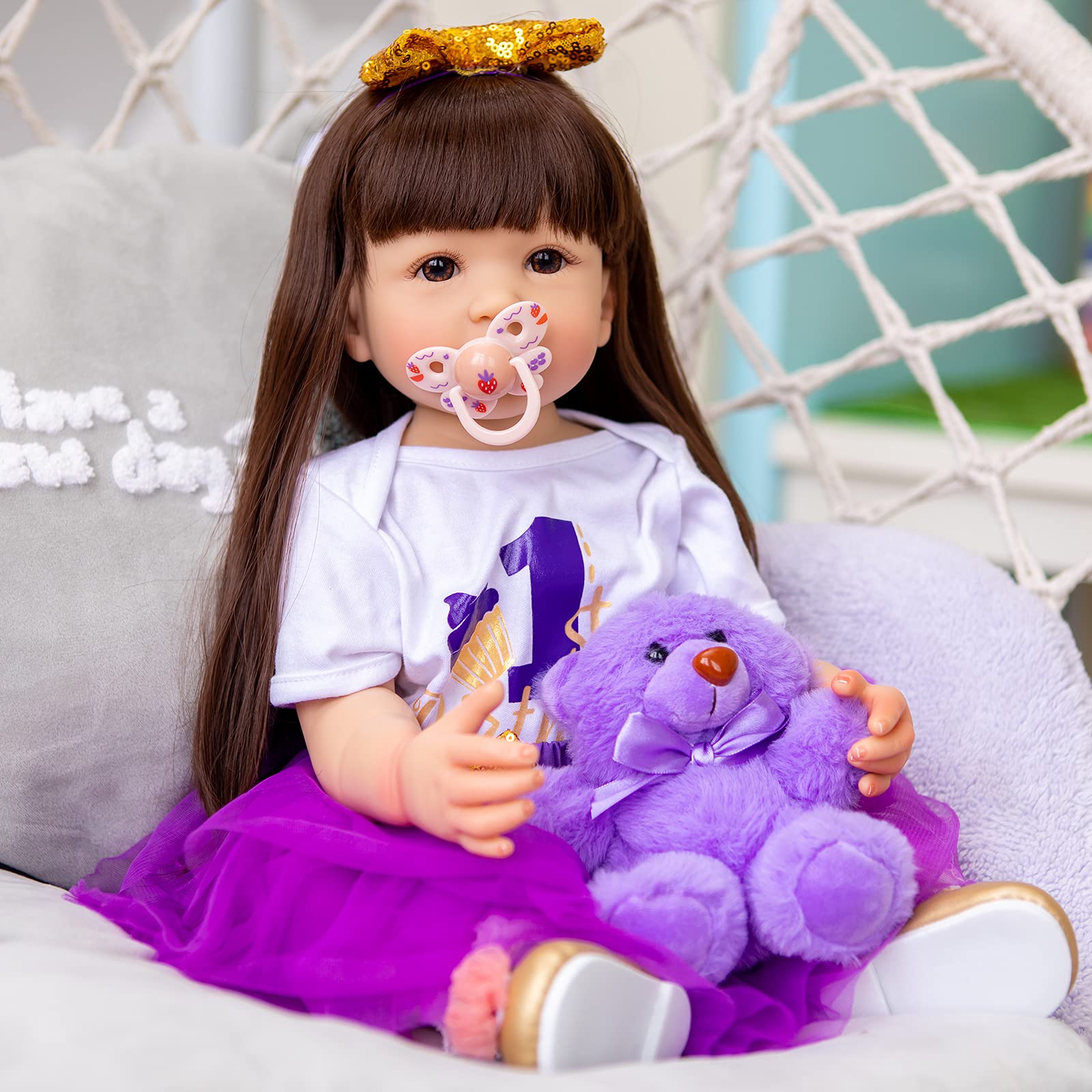 Кукла MineeQu 22 Inch Handmade Long Brown Hair Reborn Baby Doll Silicone Vinyl Anatomically Correct Girl Gift Set, фото №2