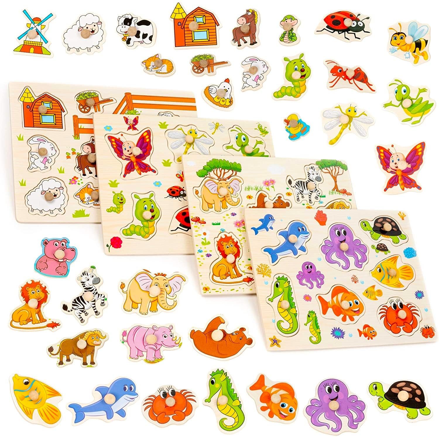Пазл-вкладыш THE TWIDDLERS Montessori Educational Toy Farm, Jungle Animals, Sea Animals & Insects деревянный 4 шт., фото №1