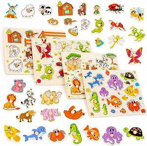 Пазл-вкладыш THE TWIDDLERS Montessori Educational Toy Farm, Jungle Animals, Sea Animals & Insects деревянный 4 шт. - Фото 1