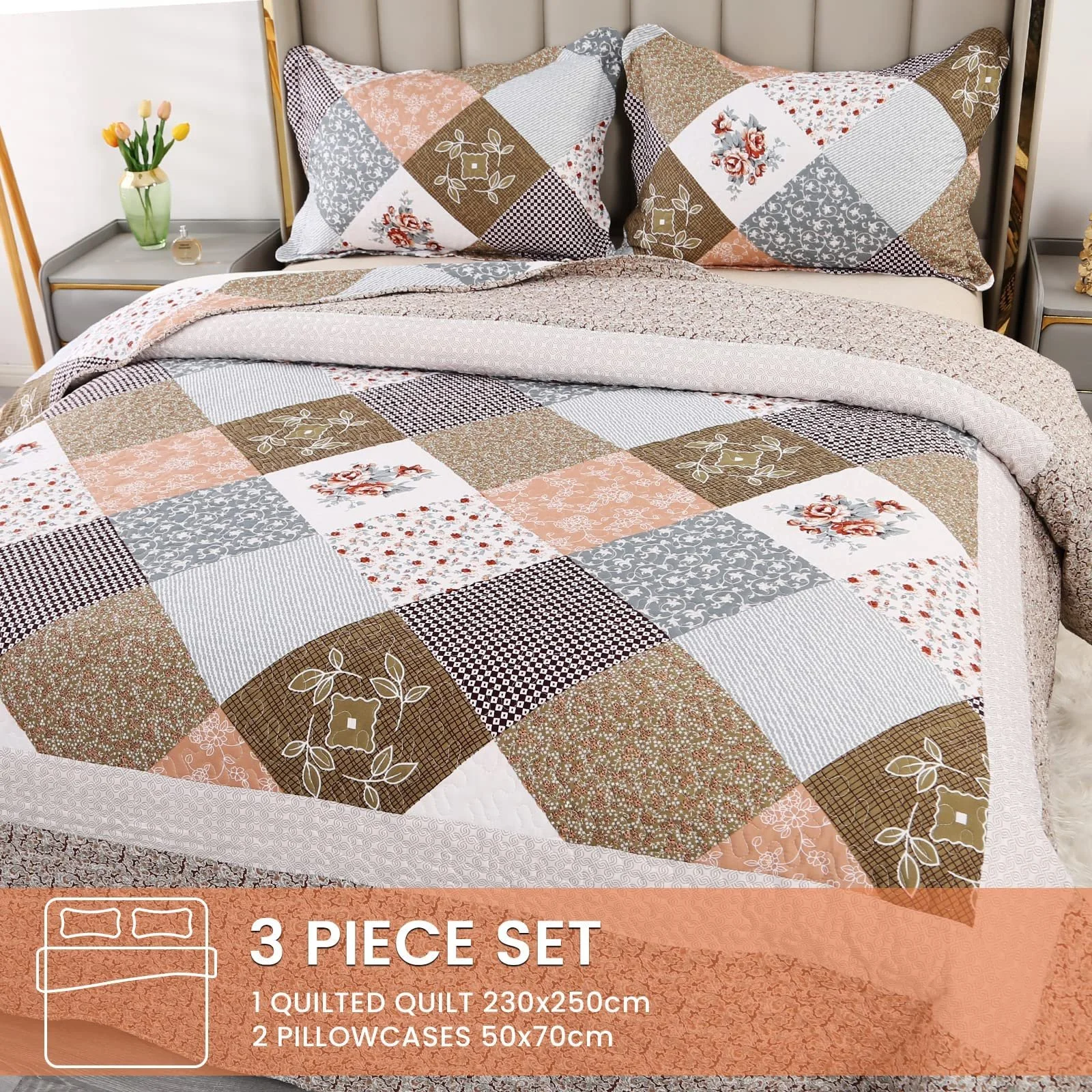 Покрывало стеганое Qucover Пэчворк 240 x 260 см, Покрывало на кровать 250 x 270 см Для двуспальной кровати, Зимний комплект, полиэстер, 2 наволочки 50 x 90 см, двухстороннее, фото №6