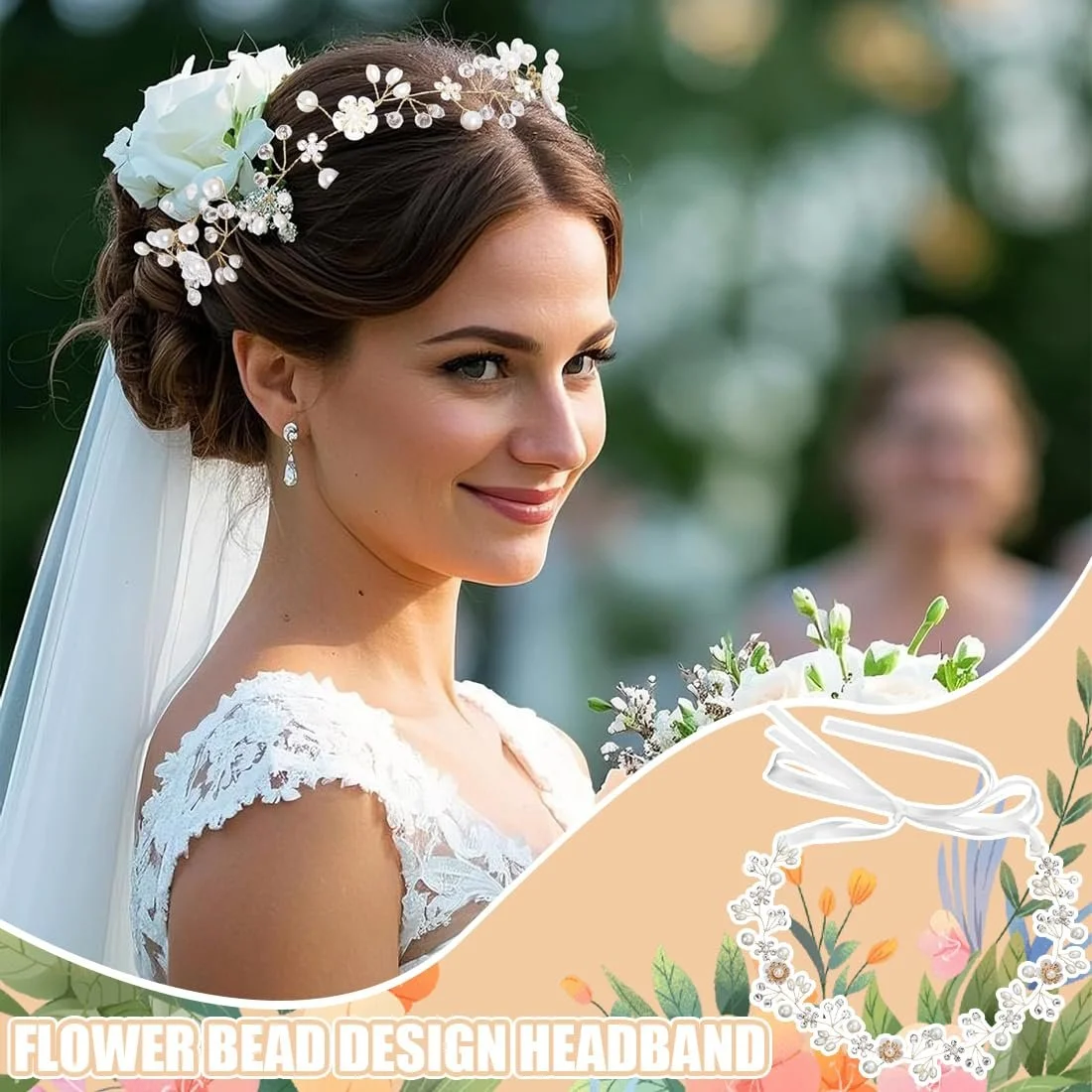 Вінок для волосся жіночий, весільний, золотий, з перлинами, стразами, квітами та стрічкою, фото №5