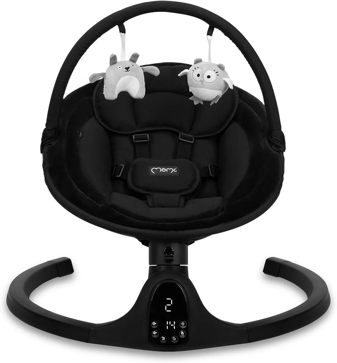 Детские качели MoMi KENANI Onyx для детей до 9 кг со светодиодным дисплеем пультом дистанционного управления и Bluetooth для смартфона подключением к батарее или питанию Черный, фото №1