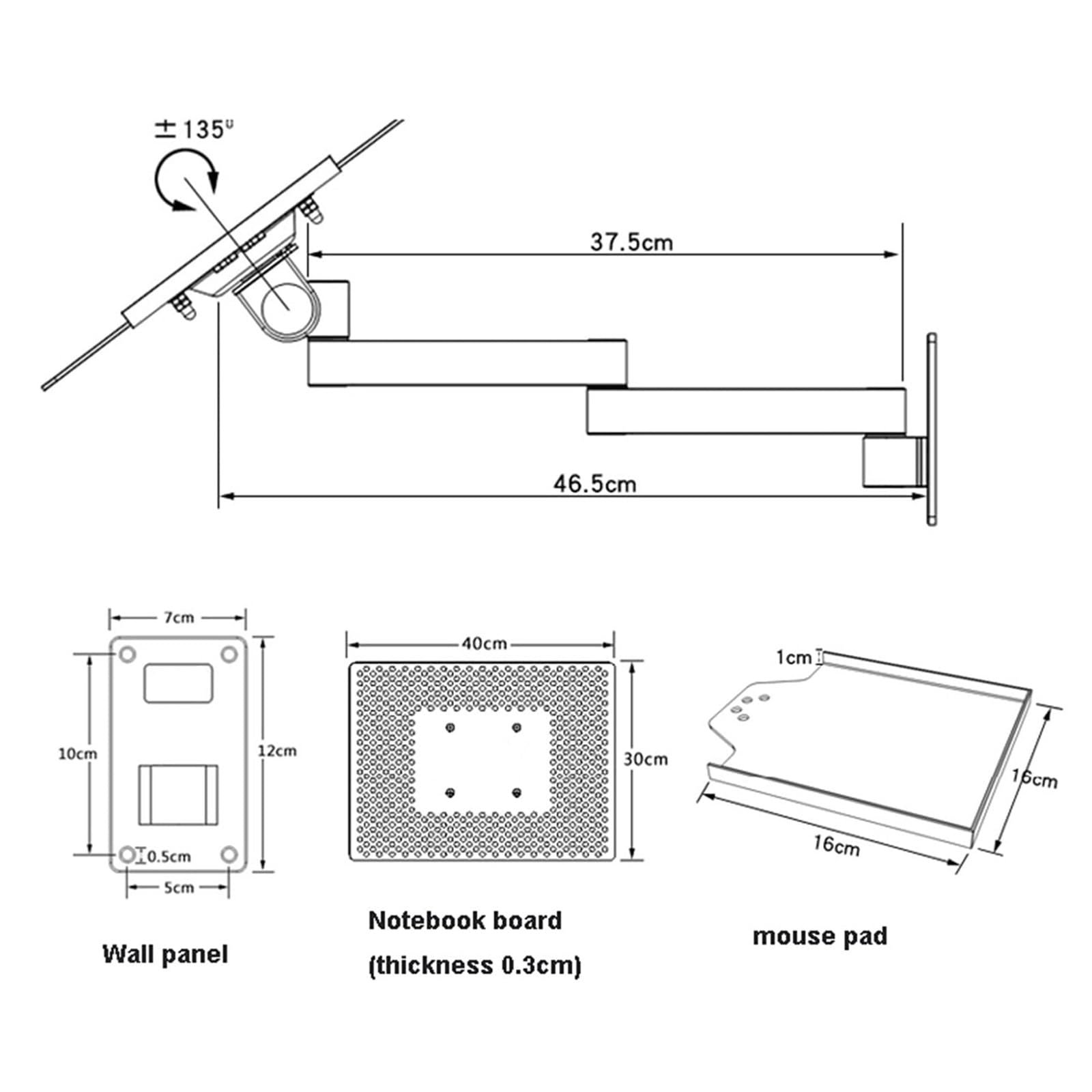 Настінне кріплення для ноутбука з регульованим шарнірним кронштейном і підставкою для миші, алюмінієвий сплав, до 8 кг, фото №5