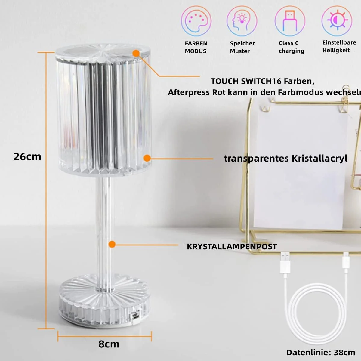 Настільна лампа OKSANO Crystal Diamond LED сенсорна димована 16 кольорів 4 режими пульт RGB, фото №6