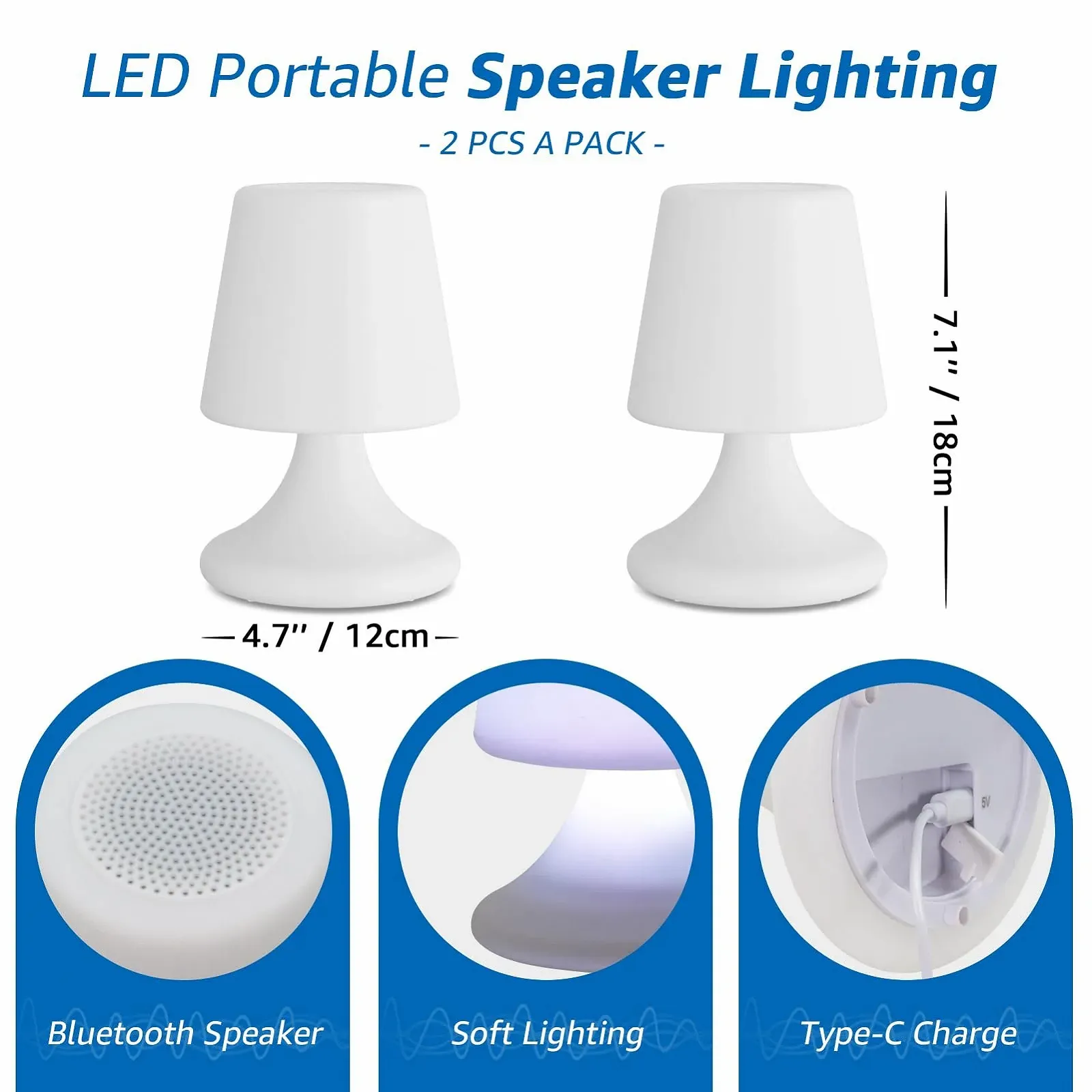 Настольная лампа MALUX с динамиком LED аккумуляторная беспроводная водонепроницаемая 2 шт., фото №2