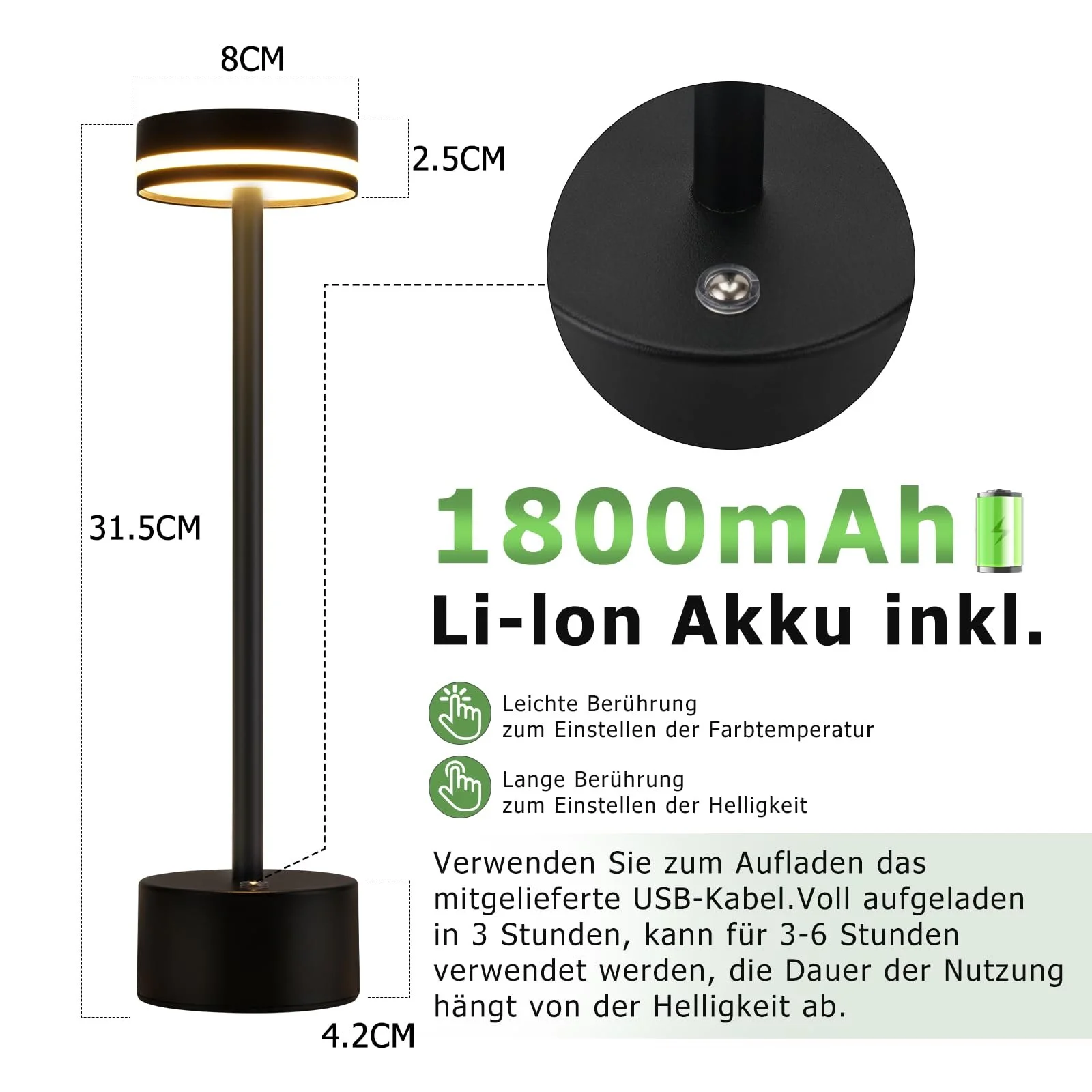 Настільна лампа LED бездротова акумуляторна димована 3000K-6500K USB-C сенсорна Black, фото №4