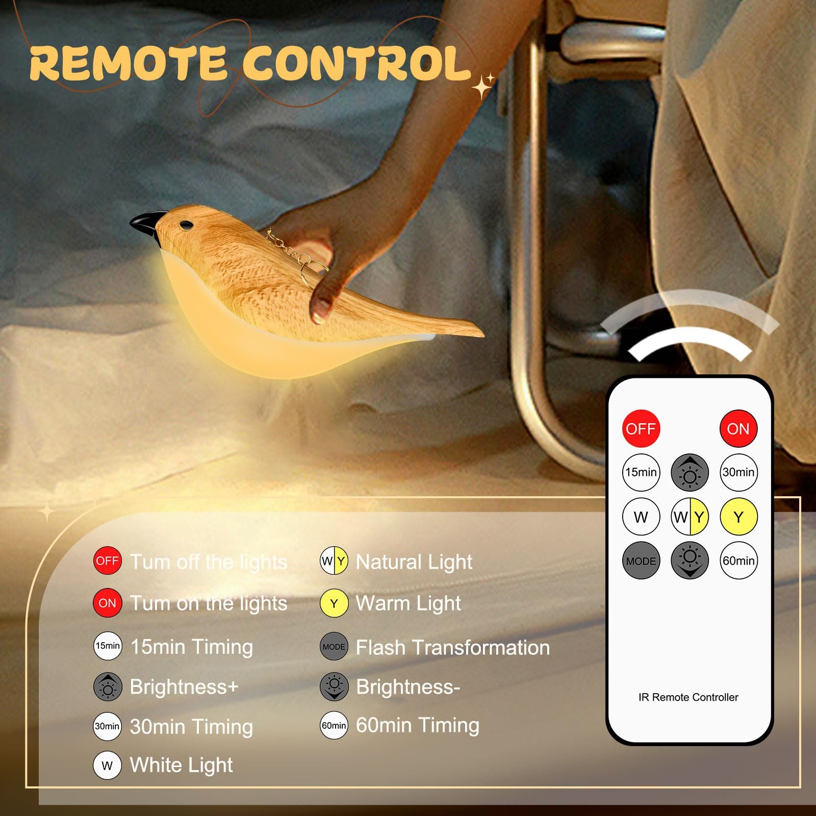 Настільна лампа LAVAED Bird Touch USB Акумуляторна Сенсорне керування Жовта, фото №5