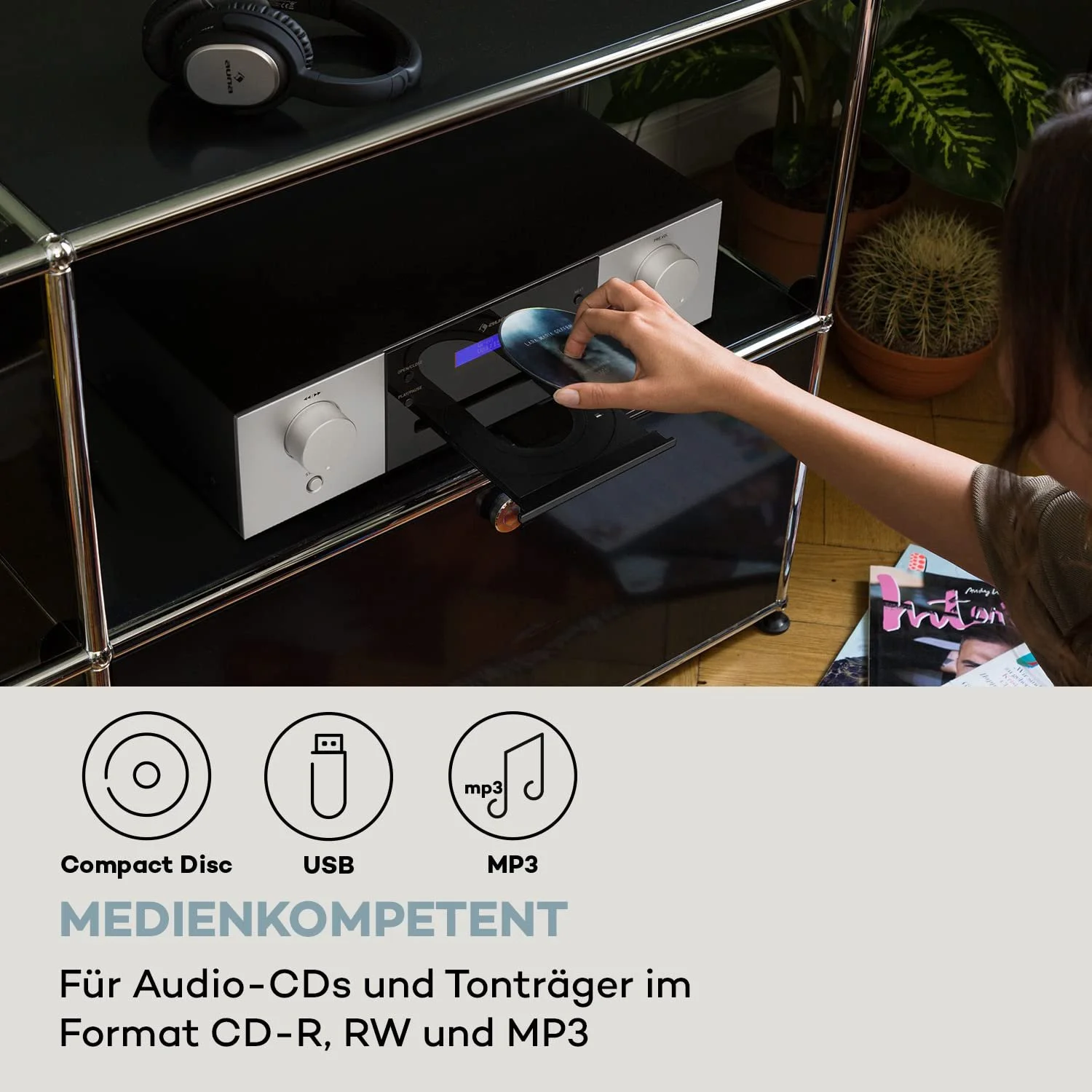 CD-проигрыватель Auna CD-1000 DG, USB, MP3, дистанционное управление, светодиодный дисплей, алюминий, черный/белый, фото №5