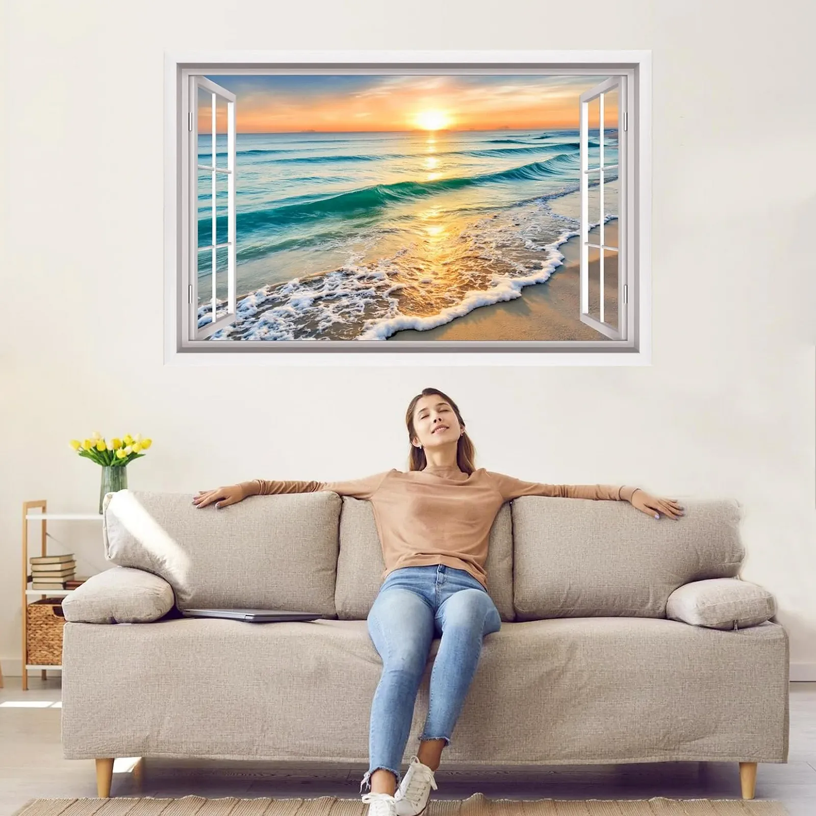 3D наклейка на стену Закат пляж и море 84 x 52 см самоклеящаяся водостойкая виниловая, фото №2