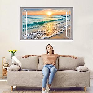 3D наклейка на стіну Захід сонця пляж та море 84 x 52 см самоклеюча водостійка вінілова synthetic.ua - Фото 1