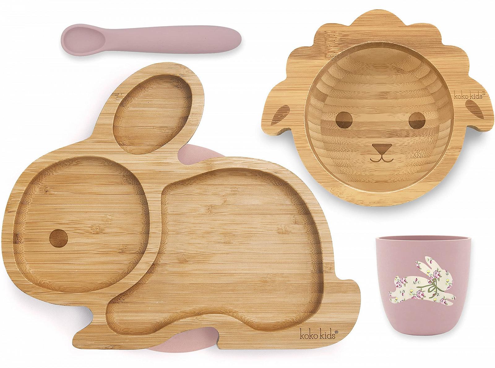 Набор детской посуды Koko Kids® из бамбука и силикона: Тарелка на присоске Кролик, Миска на присоске Ягненок, Силиконовая чашка и ложка (Розовый), фото №1 Набор детской посуды Koko Kids® из бамбука и силикона: Тарелка на присоске Кролик, Миска на присоске Ягненок, Силиконовая чашка и ложка (Розовый), фото №1
