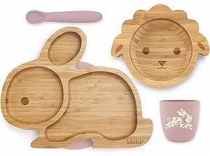 Набор детской посуды Koko Kids® из бамбука и силикона: Тарелка на присоске Кролик, Миска на присоске Ягненок, Силиконовая чашка и ложка (Розовый) - Фото 1