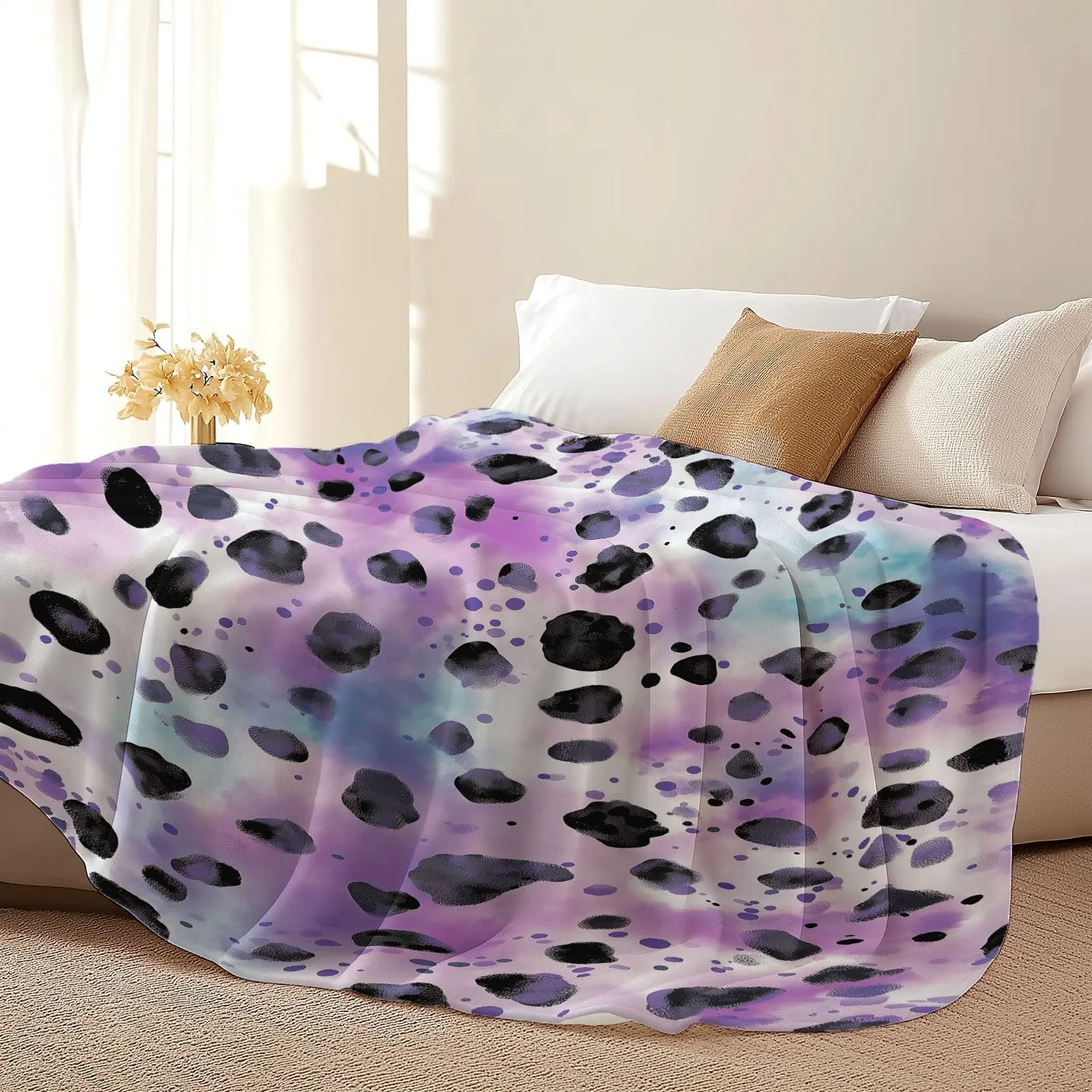 Плед Фланелевый Шерпа Флис 3D Лиловый 130 x 150 см Мягкий Микрофибра Теплый Гостиная Акварельный Узор Звездный Леопард, фото №4