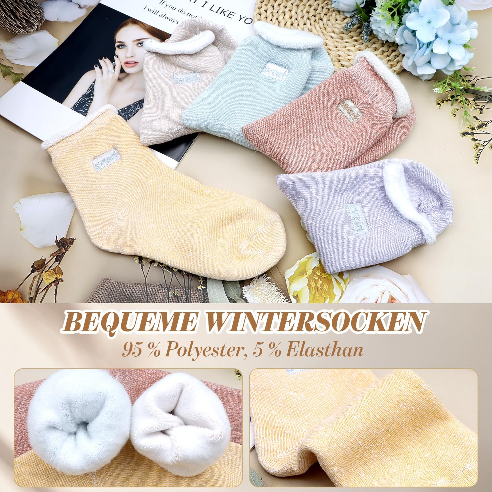 Термоноски Женские (6 пар) Размер 35-39 Комфортные Теплые Носки Мягкие Толстые Носки для сна Плюшевые Утолщенные Зимние Носки с гофрированием, фото №4