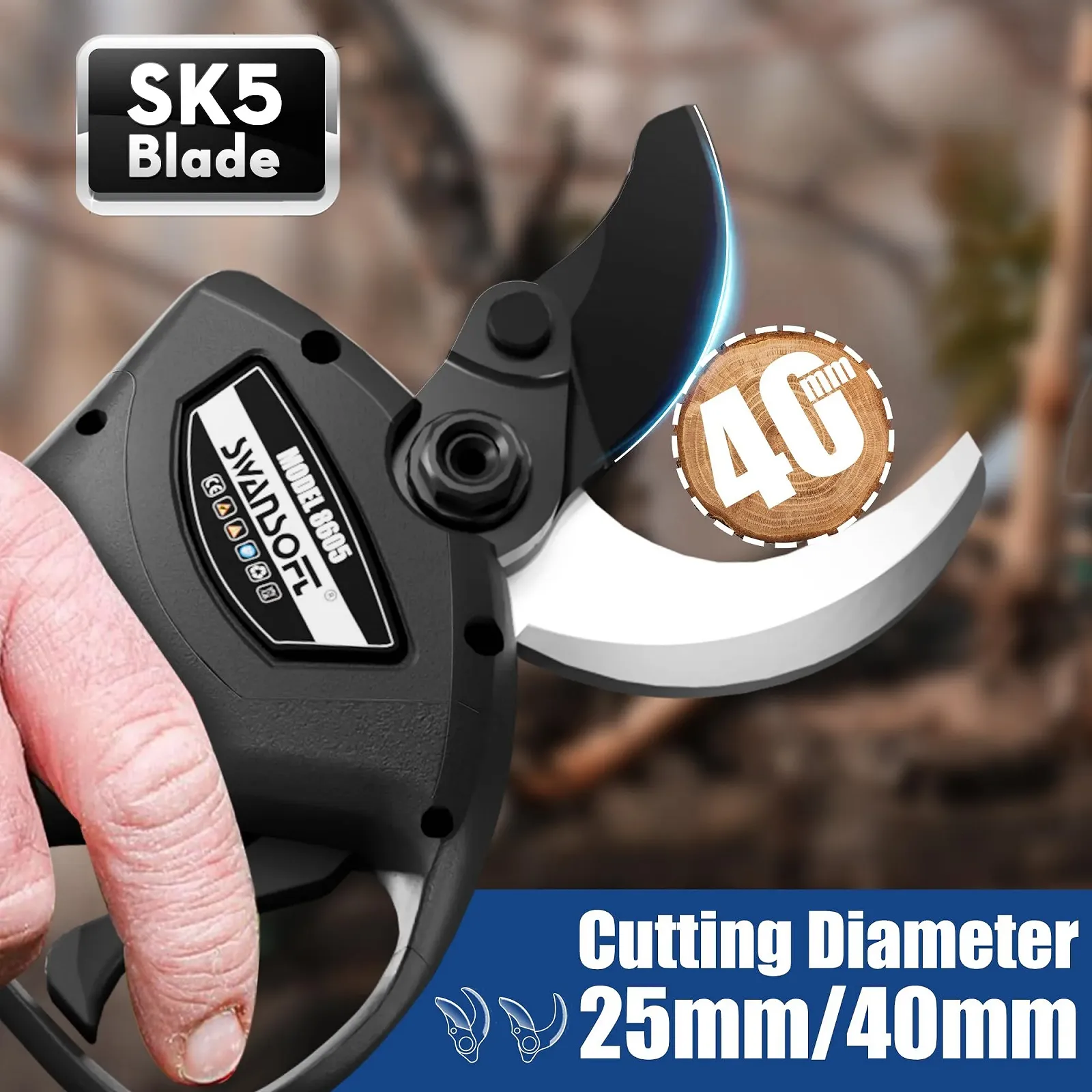 Секатор акумуляторний SWANSOFT 8605, 40 мм, 1050 Вт, 21 В, 2 А, для оливкових дерев, виноградника, фото №2