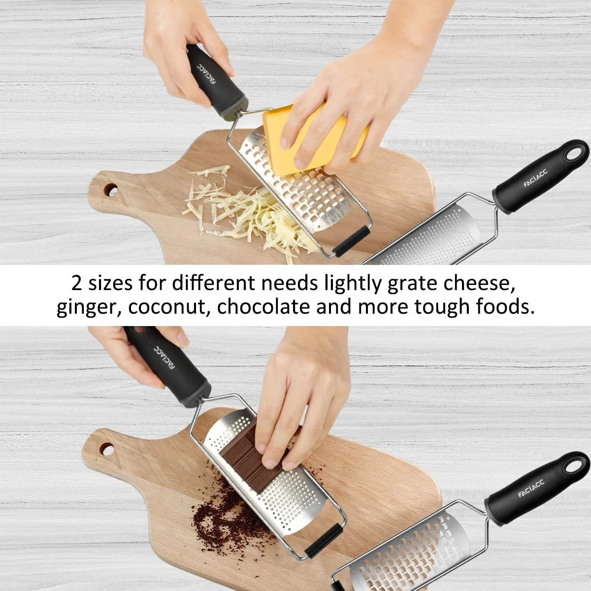 Терка FACIACC для сиру, лимонів, шоколаду, овочів, фруктів, часнику та імбиру, лезо з нержавіючої сталі з гумовою ручкою, чорний (2 шт. в упаковці), фото №3 Терка FACIACC для сиру, лимонів, шоколаду, овочів, фруктів, часнику та імбиру, лезо з нержавіючої сталі з гумовою ручкою, чорний (2 шт. в упаковці), фото №3