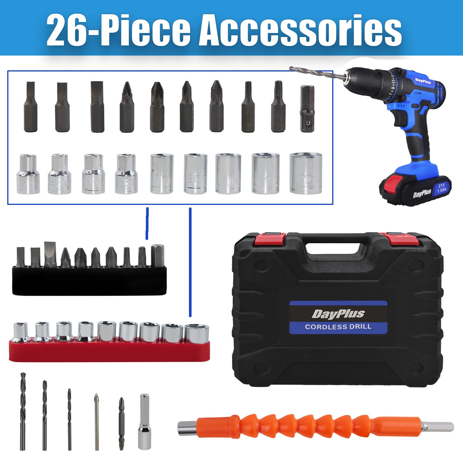 Аккумуляторная дрель 1500 мА·ч 3/8 дюйма Бесключевой патрон 2 скорости Макс 1400 об/мин 25+1 Нм Портативная отвертка с 26 сверлами и кейсом, фото №7