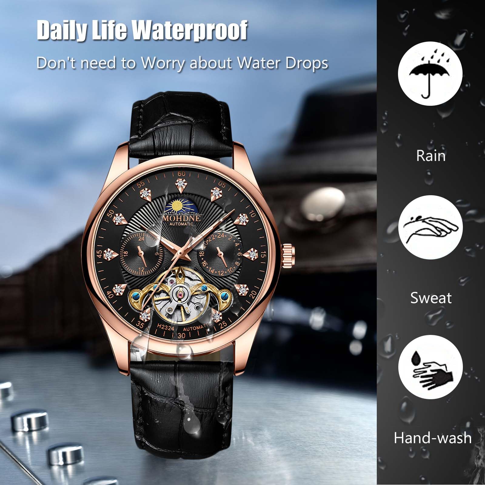 Часы rorios Men's Automatic Tourbillon Diamond Skeleton Waterproof Mechanical Luminous Moon Phase Leather Strap, фото №5