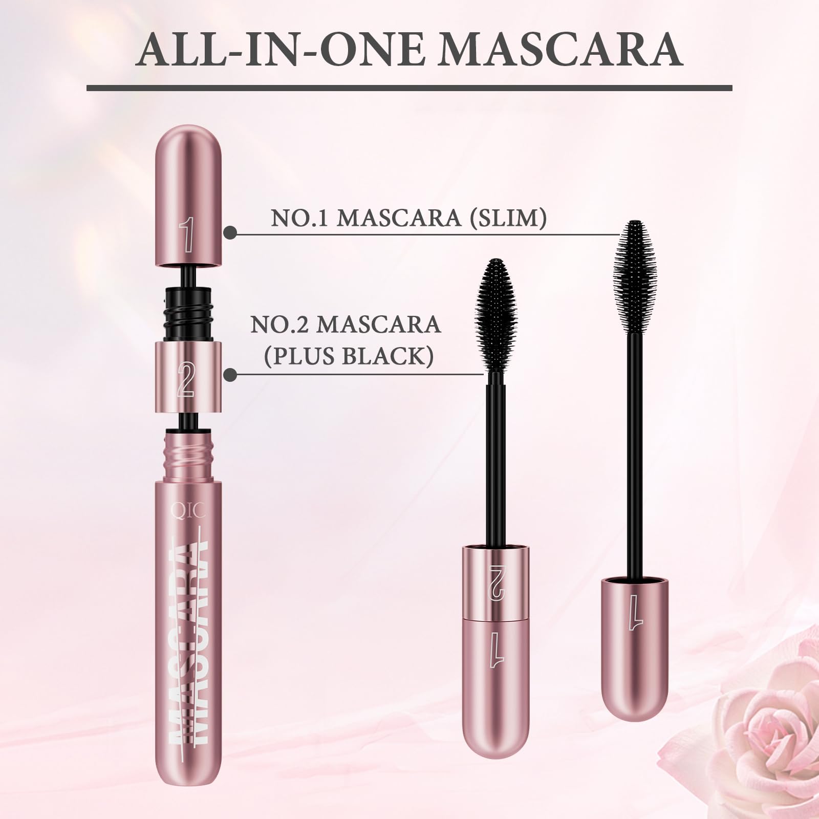 Mascara телескопическая 4D 2-in-1 водостойкая, устойчивая к поту и не смазывается, чёрная, фото №3