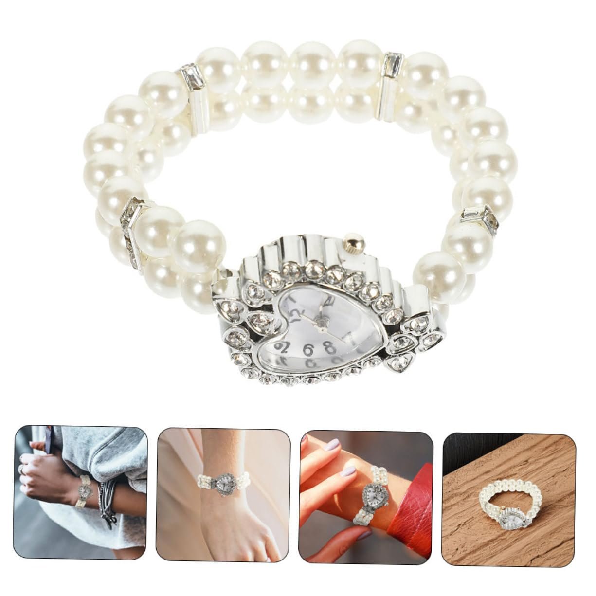 Часы женские PartyKindom Кварцевые Аналоговые с эластичным браслетом из двойного ряда жемчуга в форме сердца, фото №7