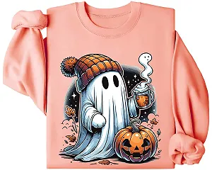 Свитшот Привидение, Милое привидение пьет кофе, Толстовка на Хэллоуин с привидением, Милая рубашка с привидением - Фото 1