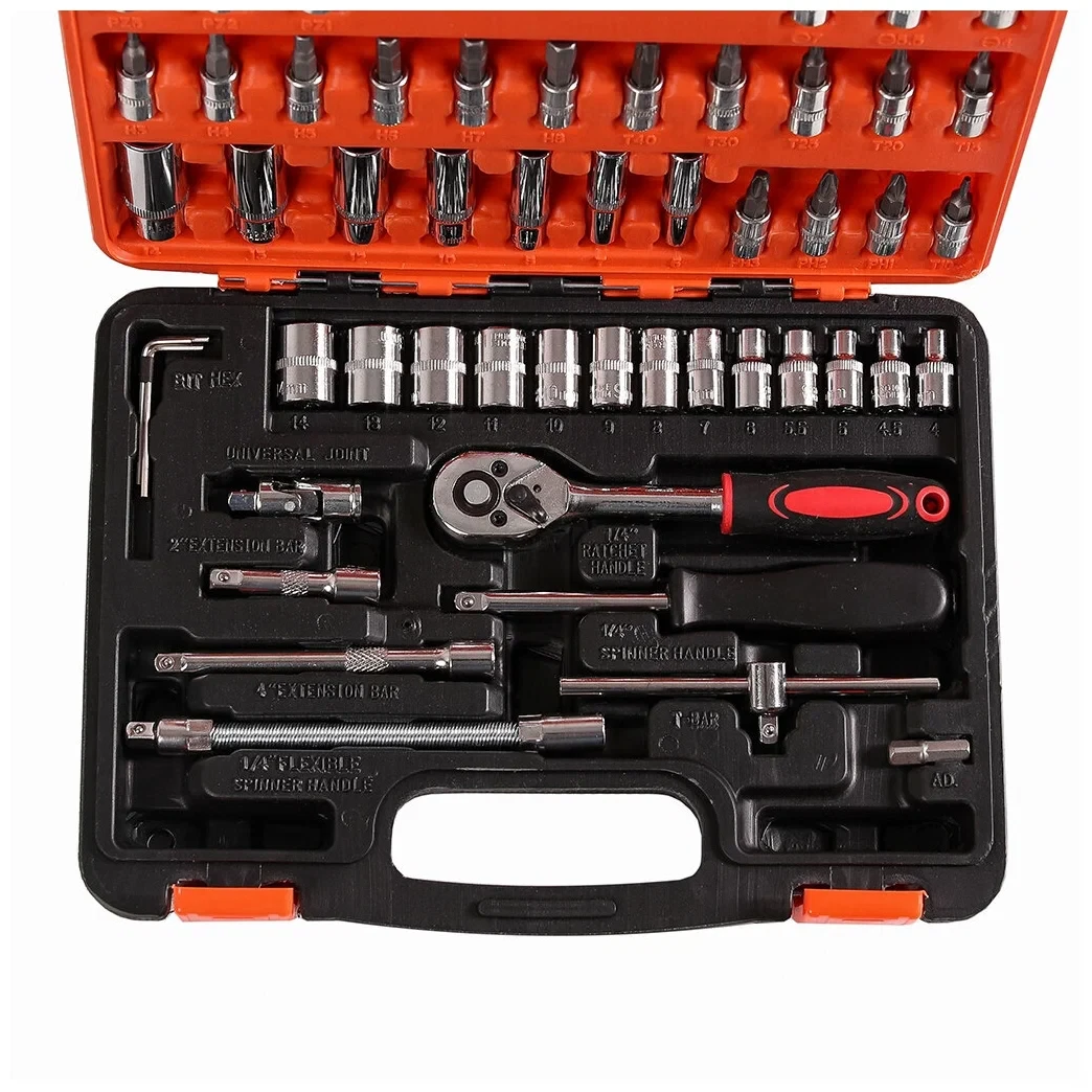 Набор торцевых головок бит с трещеткой 1/4" удлинитель вороток ключи SHUNDA 53 предмета, фото №6