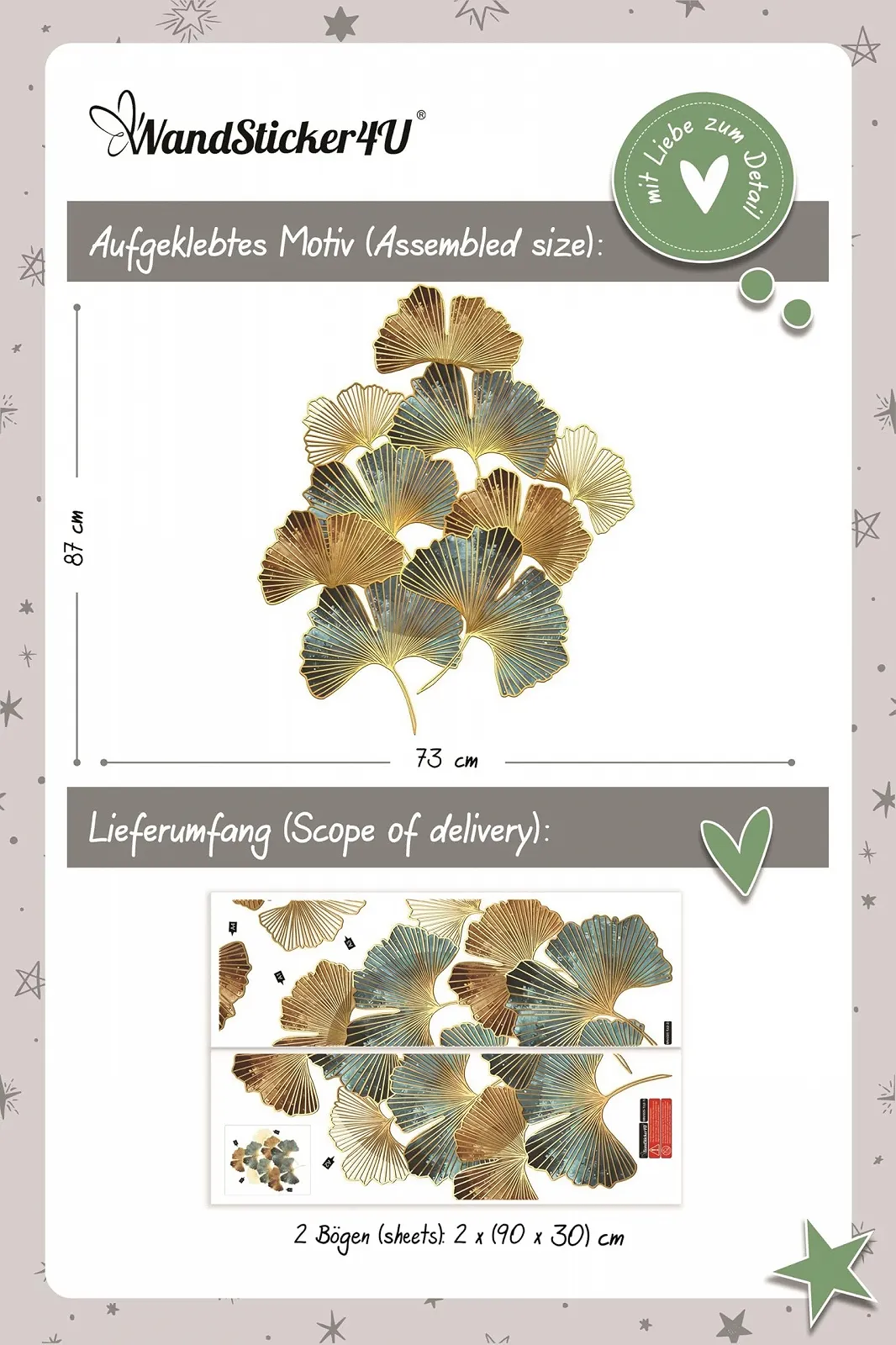 Наклейка на стіну WandSticker4U XL Ginkgo Leaves 73 x 87 см золота коричнева зелена, фото №5 Наклейка на стіну WandSticker4U XL Ginkgo Leaves 73 x 87 см золота коричнева зелена, фото №5