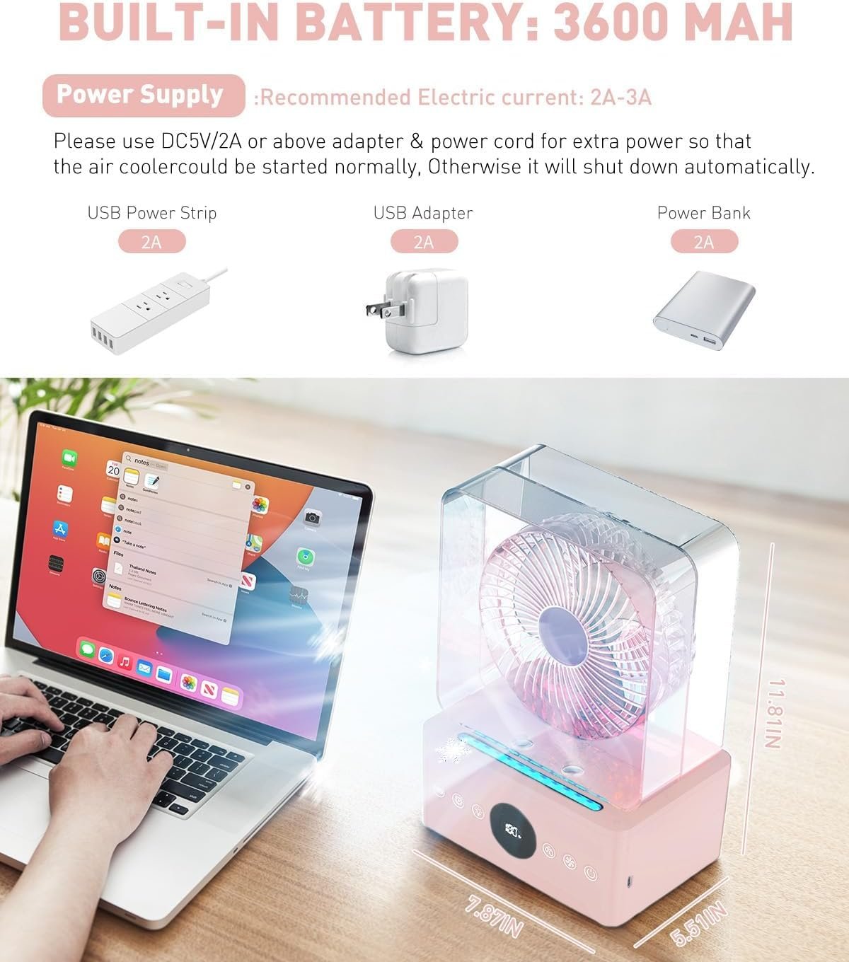 Мобільний кондиціонер 4-в-1 з водяним охолодженням 1000 мл 3 швидкості Таймер Підсвічування Акумулятор 3600 mAh, фото №3