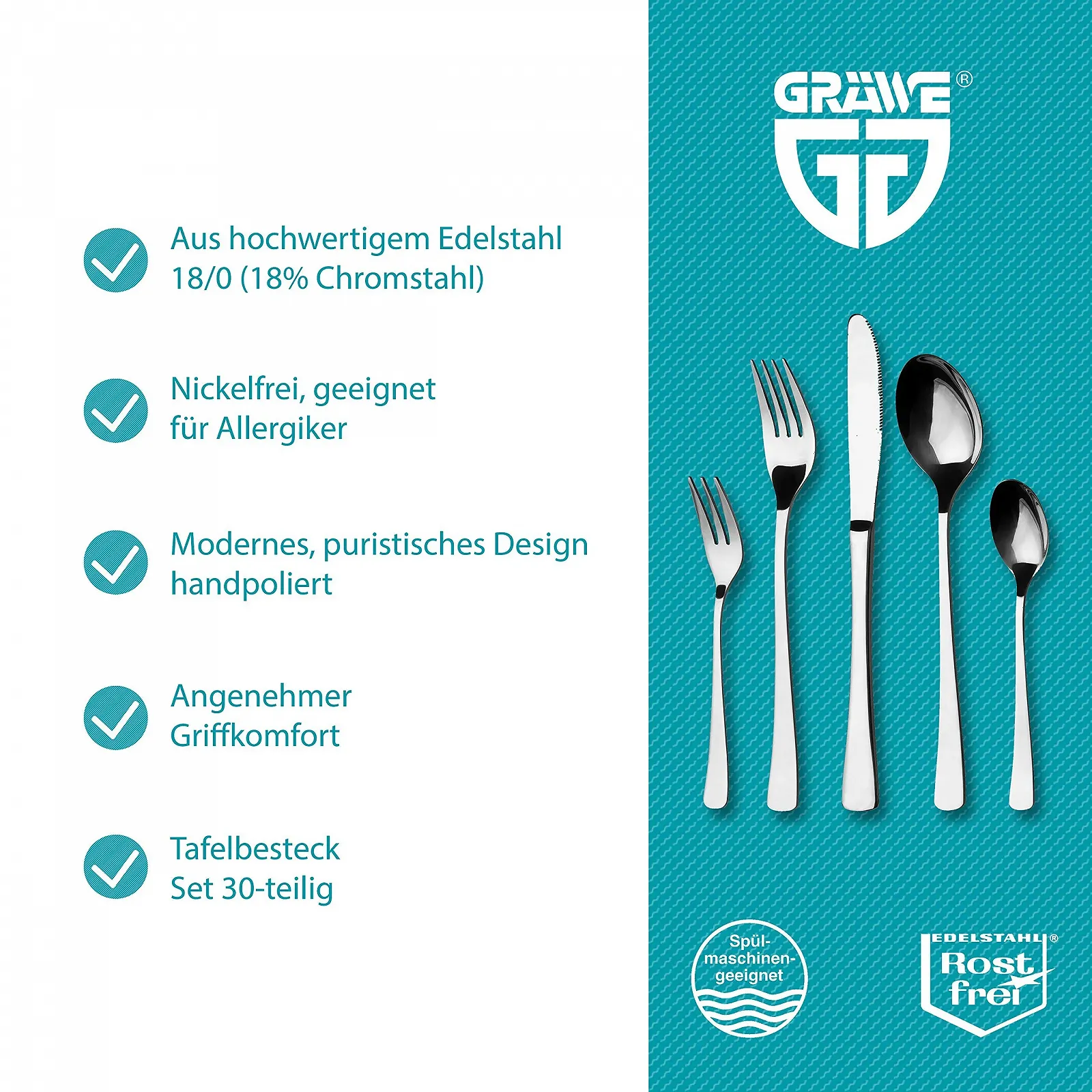 Набір столових приборів GRAEWE для 6 осіб, нержавіюча сталь, без нікелю, ручна поліровка, можна мити в посудомийній машині, фото №2 Набір столових приборів GRAEWE для 6 осіб, нержавіюча сталь, без нікелю, ручна поліровка, можна мити в посудомийній машині, фото №2