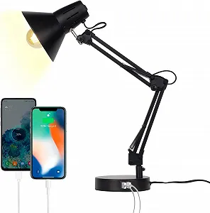 Настільна лампа FIRVRE металева регульована, гнучка шия, поворотний кронштейн, з USB-портами, чорна - Фото 1