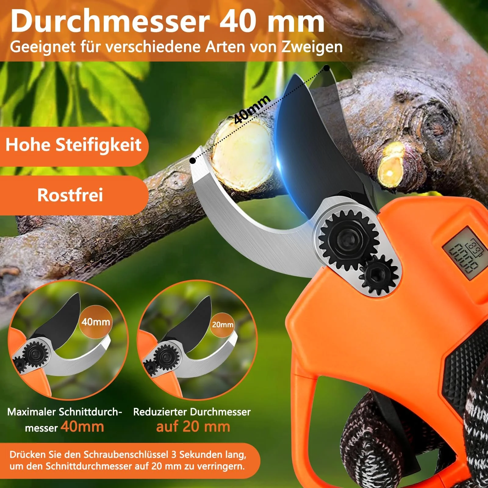 Акумуляторний гілкоріз з LCD-дисплеєм, акумуляторний електричний секатор з 2 x 2000 mAh батареями та SK5 лезами до 40 мм, портативні професійні електричні садові ножиці для обрізки дерев, фото №7