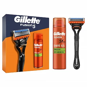 Подарочный набор для бритья мужской Gillette Fusion5 Бритва + 1 сменная кассета + Гель для бритья Fusion Ultra Sensitive 200 мл - Фото 1