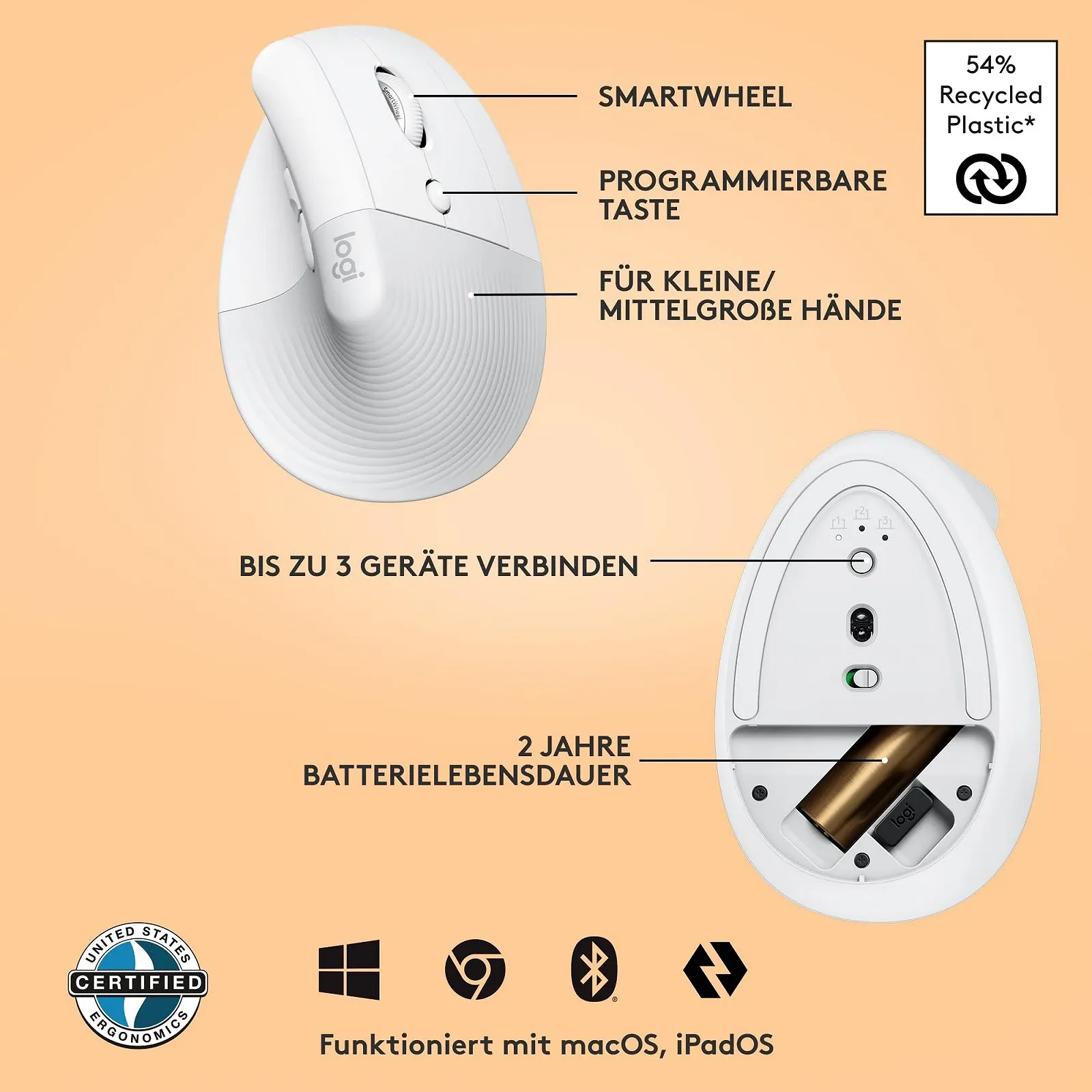 Миша Logitech Lift Vertical Ergonomic, бездротова, Bluetooth або Logi Bolt USB-приймач, тихі клацання, 4 кнопки, біла, фото №6