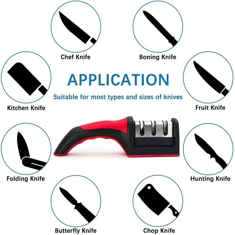 Точилка для ножей ручная профессиональная 3 уровня вольфрамовая сталь алмаз керамический камень для стальных и керамических ножей Black, Red, фото №5
