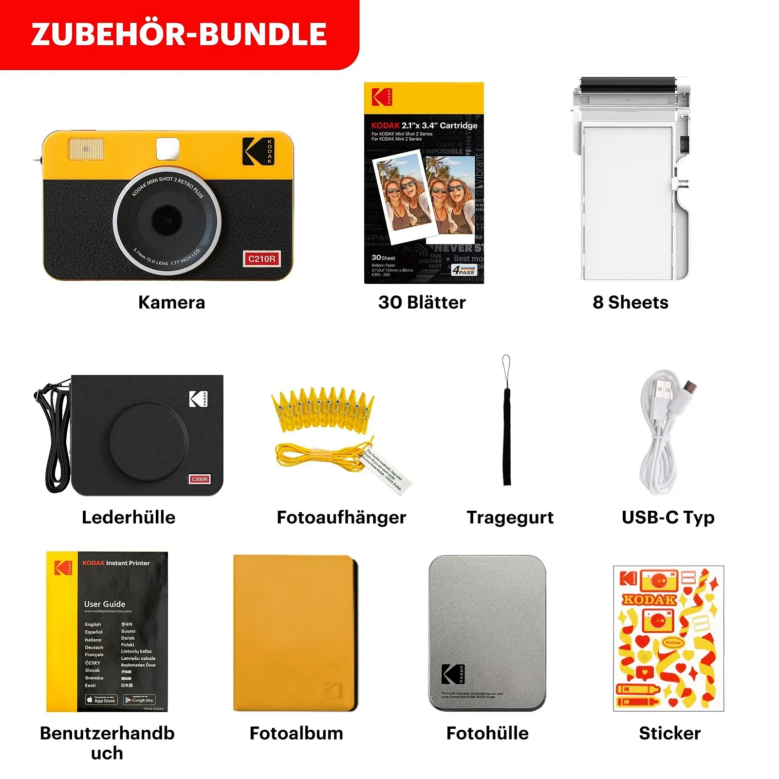 Камера мгновенной печати и фотопринтер 2-в-1 KODAK Retro Mini Shot 2 4PASS 5.3 x 8.6 см с набором 68 листов Желтая, фото №7