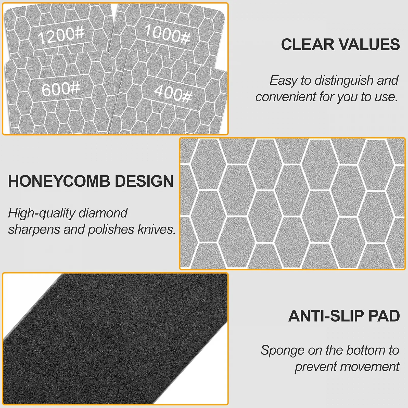 Набір алмазних точильних каменів 4 шт. 400/600/1000/1200 грит стільникова поверхня з нековзною основою, фото №4