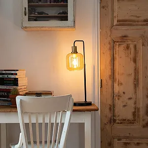 Настільна лампа QAZQA Zuzanna Design E27 Скло бурштинове Чорна з латунню synthetic.ua - Фото 1