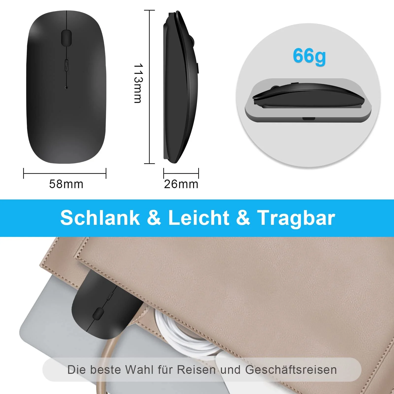 Мышь Беспроводная Qxvnm Bluetooth (USB 2.4 GHz + Bluetooth 5.2 + USB-C Адаптер) Перезаряжаемая Черный, фото №5