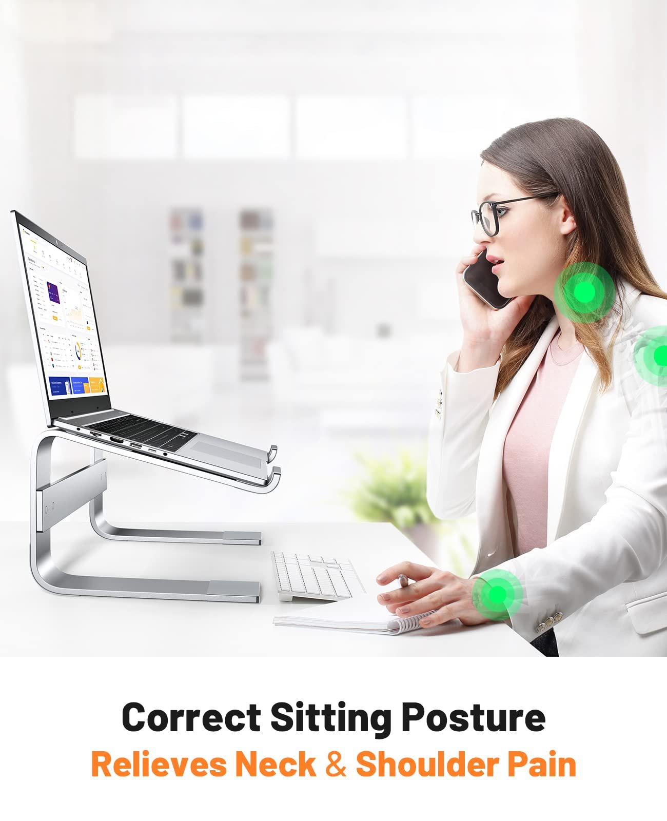 Підставка для ноутбука Soqool, ергономічна, для 10-17 дюймів, алюмінієва, для столу, сумісна з MacBook Air/Pro, Lenovo, Huawei, Acer, Dell, HP - Срібна, фото №2