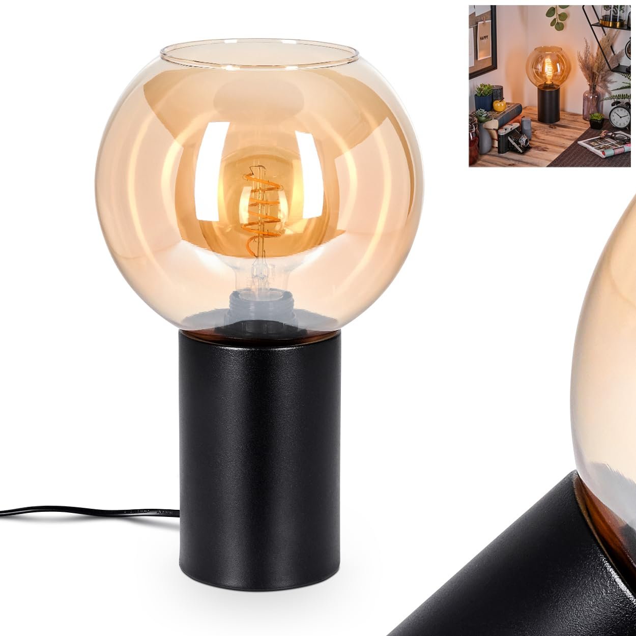 Настільна лампа HOFSTEIN Koyoto метал / скло 20 см E27 Чорний/Бурштиновий, фото №1