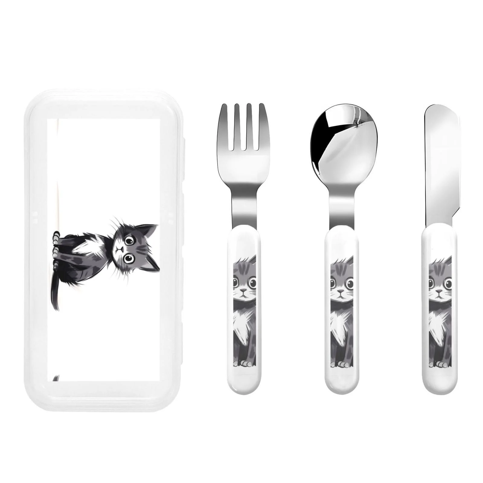 Дитячий набір столових приборів з принтом «Самотній кіт», набір з трьох предметів, фото №1 Дитячий набір столових приборів з принтом «Самотній кіт», набір з трьох предметів, фото №1